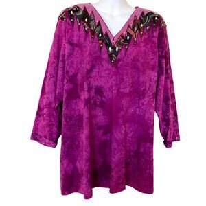 Boos Brand Magenta Tie Dye T-Shirt Tunic Top Rhinestone Suede Vintage USA Made